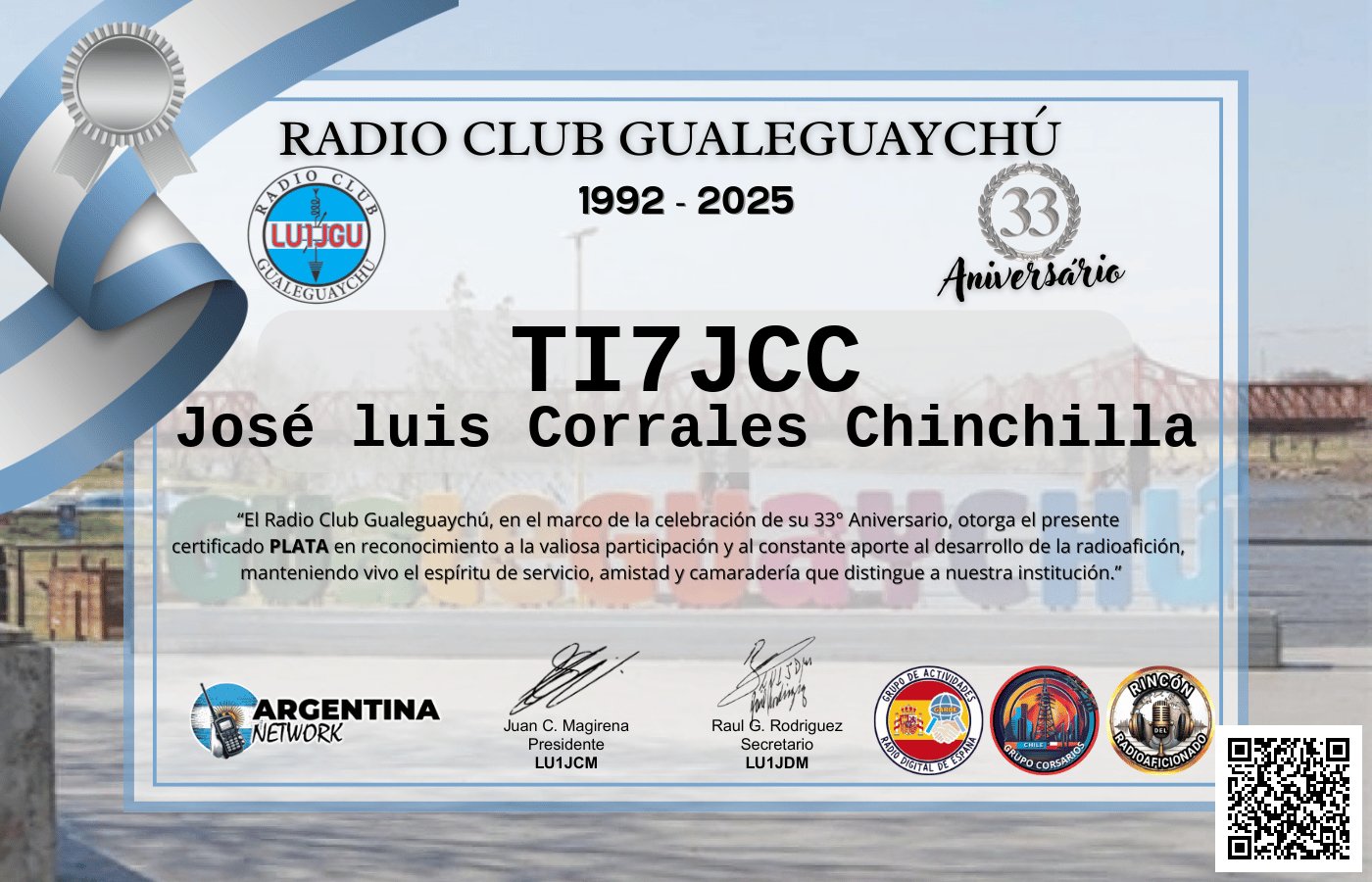 Certificado Actividad ANIVERSARIO N°33 RADIO CLUB GUALEGUAYCHÚ LU1JGU (edición 2025)
